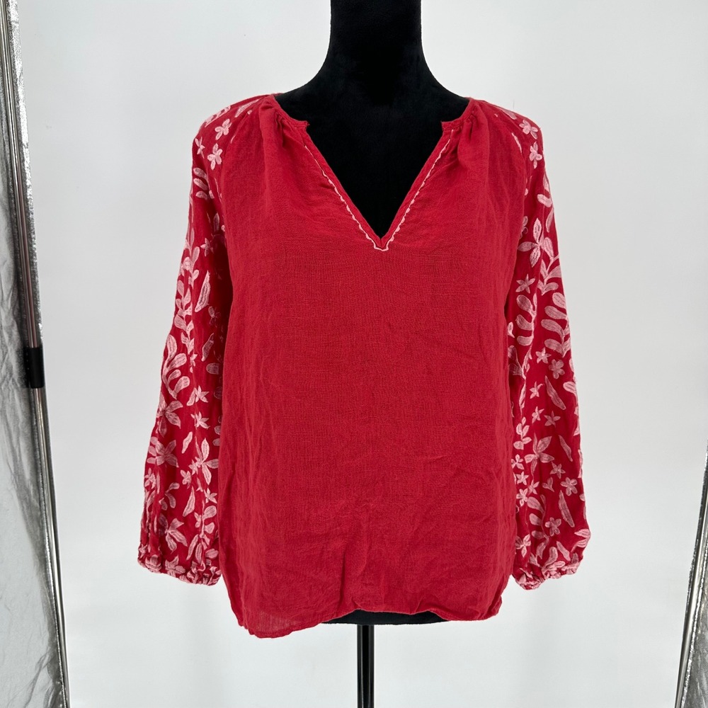 Voyageur Mersa 100% Linen Anywear Open Tunic Oversized Red Top Small Embroidered